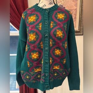 Dark Green Vintage Russ Art Deco Cardigan Sweater Women’s Large Floral Wool
